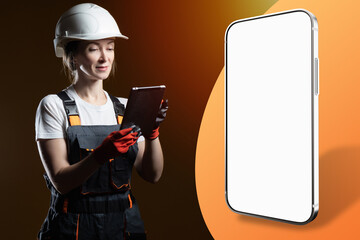 Construction company offer. Woman builder with tablet. Phone template with blank screen. Place for...