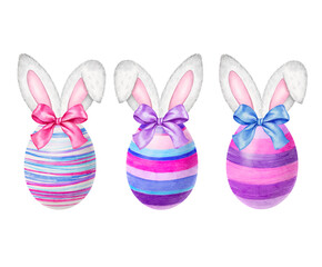 Watercolor Easter eggs and bunny ears. Easter bunny head  Isolated elements. Watercolor Easter rabbit.