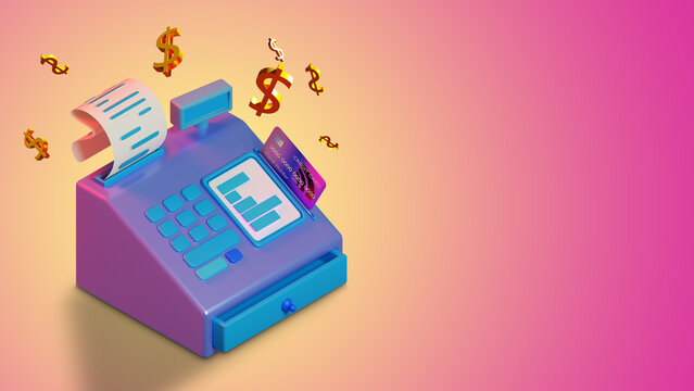 Business income. Cash register Cartoon. Dollar signs next to cash register. Company equipment. Copy space about business income. Device for receiving payments and issuing checks. 3d image.