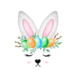 Watercolor illustration of easter bunny ears. Easter, rabbit, hare, child's drawing, postcard, invitation, congratulation, funny Easter card, Easter drawing