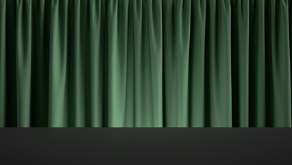 3d render, abstract background with green velvet curtain behind the empty black stage. Minimalist showcase scene for product presentation