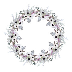 Floral wreath with white flowers and leaves