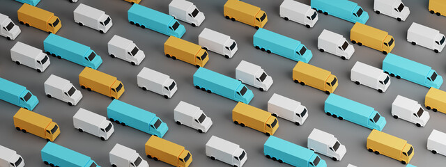 Obraz premium Transportation leadership concept: yellow and blue trucks in the flow of white trucks