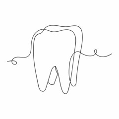 Continuous one simple single abstract line drawing of tooth icon in silhouette on a white background. Linear stylized.