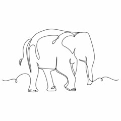 Continuous one simple single abstract line drawing of elephant animal concept icon in silhouette on a white background. Linear stylized.