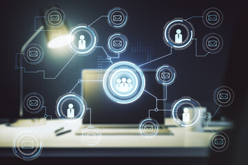 Social network media concept with modern computer on background. Double exposure