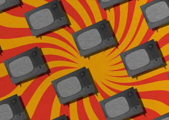 Old TVs on a red yellow psychedelic background. retro art collage