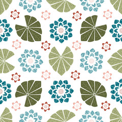 Fototapeta premium Marsh Water Lily Flowers and Lotus Leaves. Pond Seamless Floral Pattern. Swamp Plants Summer Background. Cartoon Geometric Style. Vector illustration