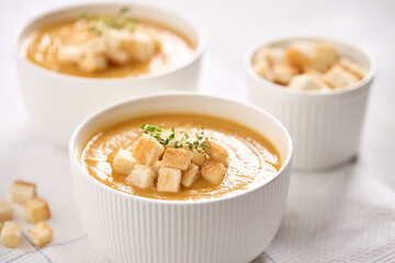 Pumpkin soup puree with croutons. Close-up.