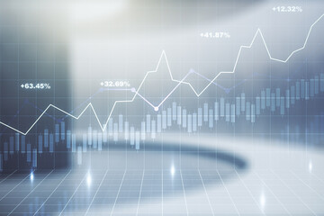 Double exposure of abstract creative financial chart hologram on empty modern office background, research and strategy concept