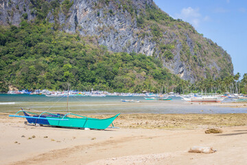 Fishing boat on the beach, Palawan. Tropical beach with boats. Philippinian isles. Tranquil lagoon with sailboats and palm tree. Seascape on sunny day. Tourist resort landscape.