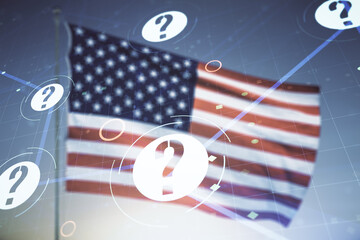 Abstract virtual question mark illustration on USA flag and sunset sky background. FAQ and search...
