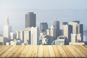 Table top made of wooden dies with San Francisco city view on background, template