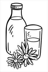 Milk bottle, glass and chamomiles, monochrome vector illustration