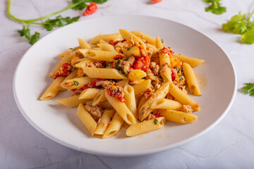 Penne with tuna and peppers. Easy and quick recipe typical of Mediterranean cuisine