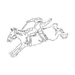 vector image of a cowboy on a wild horse mustang decorating it at a rodeo in the style of art sketches