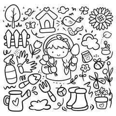 Cartoon Gardening in Kawaii Doodle Style Vector Clip Art