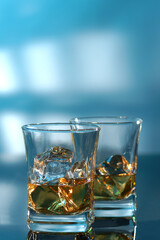 Glass of amber scotch whiskey and ice on a blue background