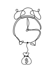 Abstract clock with dollar as line drawing on white background. Vector