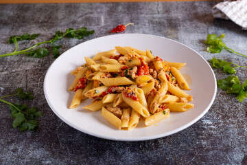 Penne with tuna and peppers. Easy and quick recipe typical of Mediterranean cuisine