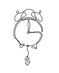 Abstract clock with dollar as line drawing on white background. Vector