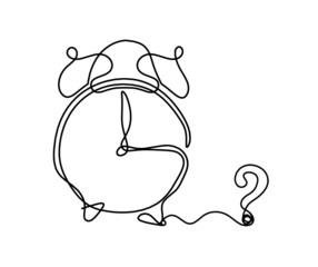 Abstract clock with question mark as line drawing on white background