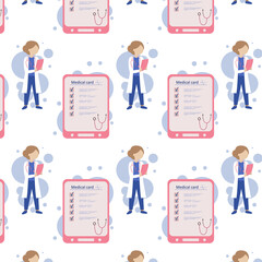 seamless pattern character of a doctor in a white coat with documents in his hands