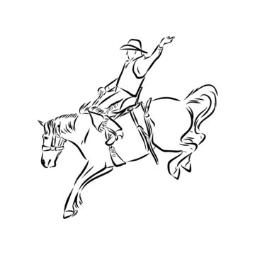 vector image of a cowboy on a wild horse mustang decorating it at a rodeo in the style of art sketches