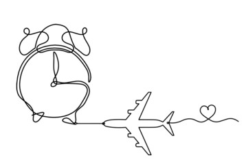 Abstract clock with plane as line drawing on white background. Vector