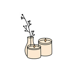 Interior candles and ikebana, twiig in the vase, cute candles doodle illustration
