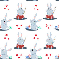 seamless pattern of easter bunnies with colored eggs