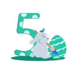 number five and a gray easter bunny decorates an egg