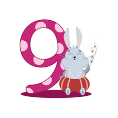 number nine and gray easter bunny sitting with willow branch