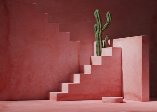 3D Podium Display, On Pink Background. Art Deco Steps And Cactus. Nature Shadow, Minimal, Beauty Product Presentation. Pedestal Advertisement. Exotic, Tropical, Summer Abstract 3D Render