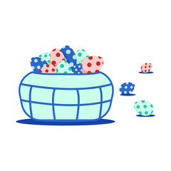 green basket with colored easter eggs with polka dots