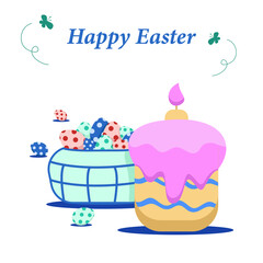 green basket with colored Easter eggs and Easter cake