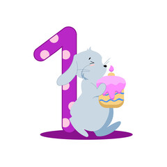 number one with a gray bunny carrying a birthday cake
