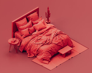 Isometric red color bedroom with crumpled, unfinished messy red bed. Monochrome single color bedroom with nightstand and floor lamp  in red background, flat style bedroom, 3d Rendering