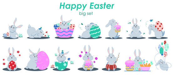 set of gray cute rabbits with different items