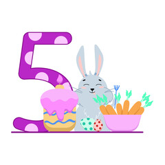 number five and a gray bunny with a cupcake and a basket of carrots