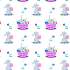 seamless pattern of gray bunnies in a basket