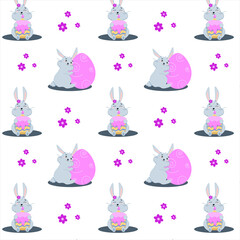 seamless pattern of gray bunnies with cupcake and egg