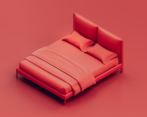 Isometric red bed. Monochrome single color bed in red background, flat style bedroom, 3d Rendering