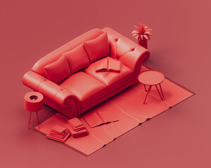 Isometric monochrome single red color interior living room with sofa, plants,  floor lamp  and side table, red room, 3d rendering