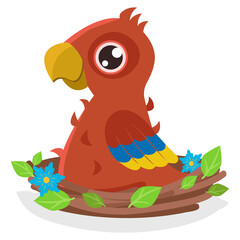 Cute teen chick is sitting in a nest with green leaves and flowers. Vector graphic.