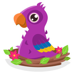 Cute teen chick is sitting in a nest with green leaves and flowers. Vector graphic.