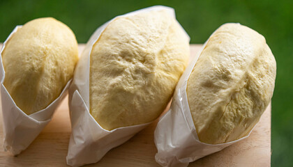 Yellow durian is appetizing in a white dish. The fruit king of Thailand
