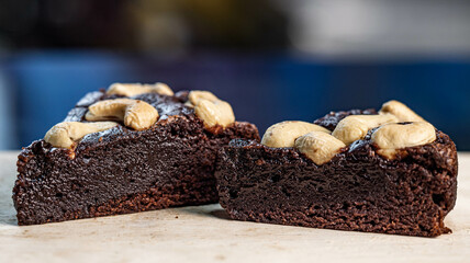 ฺBrownie cake ready to eat on the table, Its color is a delicious dark chocolate.