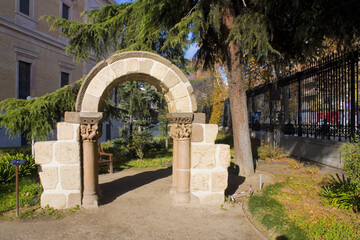 Replica of ancient arch near National Archaeological Museum of Spain in Madrid
