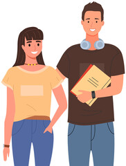 Happy school pupils or college students standing with books. Portrait of smiling happy people. Diverse college, university students, schoolgirl and schoolboy with notebook and gadgets for studying